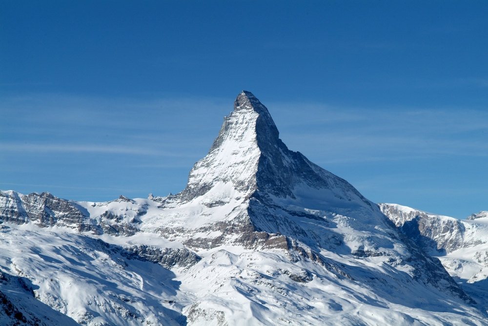 The Matterhorn, the pyramid-shaped snow-covered peak of the Alps on the Swiss-Italian border above Zermatt