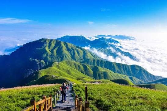 Wugong Mountain alpine meadow ridge in Jiangxi, China, at golden hour
